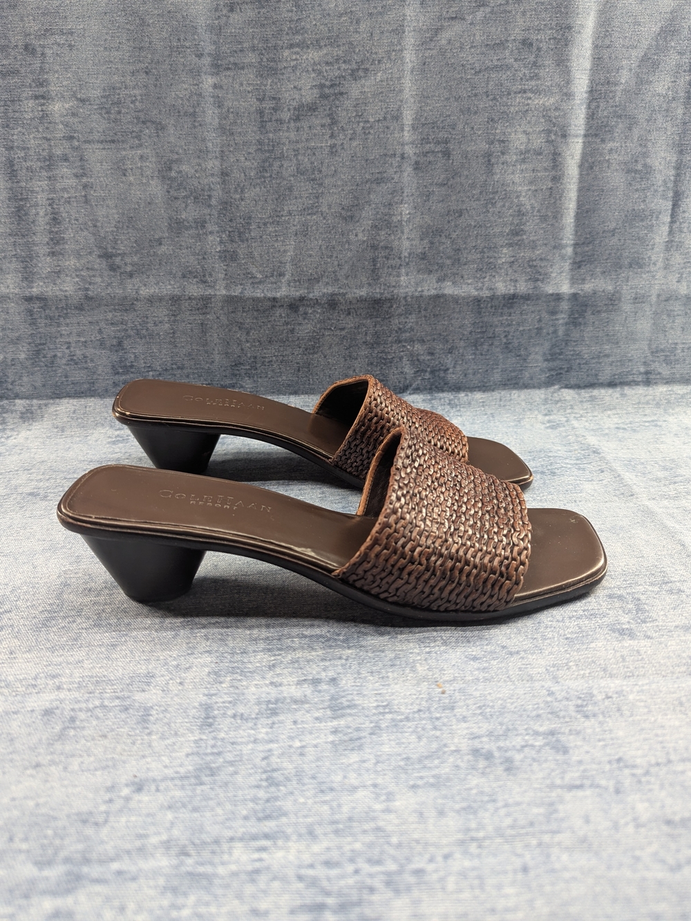 Cole Haan Woven Leather Heeled Slide Sandals Y2 K Women Sz 9B Brown Resort